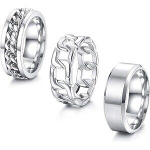 3Pcs Silver Rings Stainless Steel Plain Band Ring Cuban Link